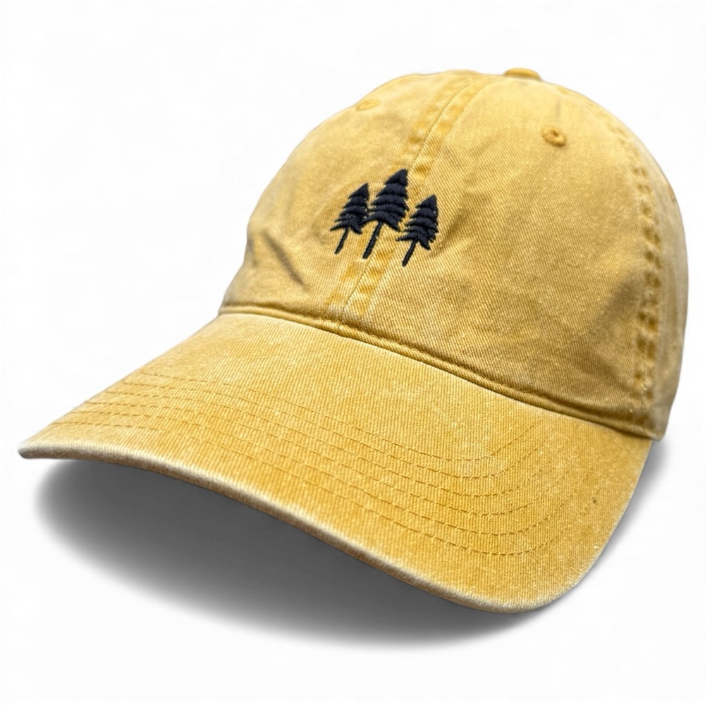 Three Tree Dad Hat mustard yellow with embroidered three-tree design buckle back